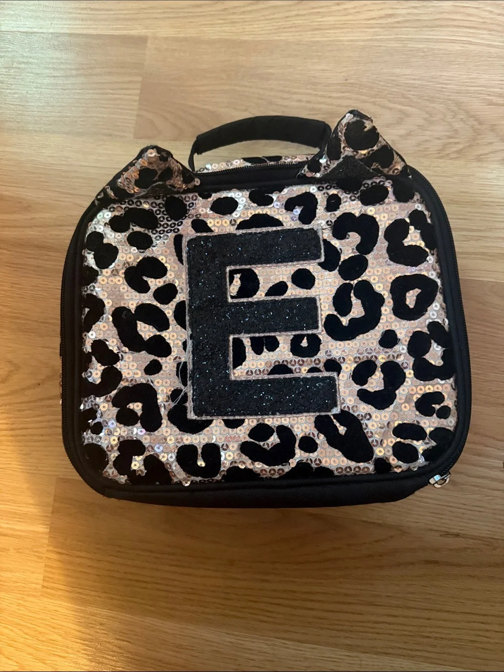 Justice Leopard Sequin Lunch Bag with Black Glitter 'E'